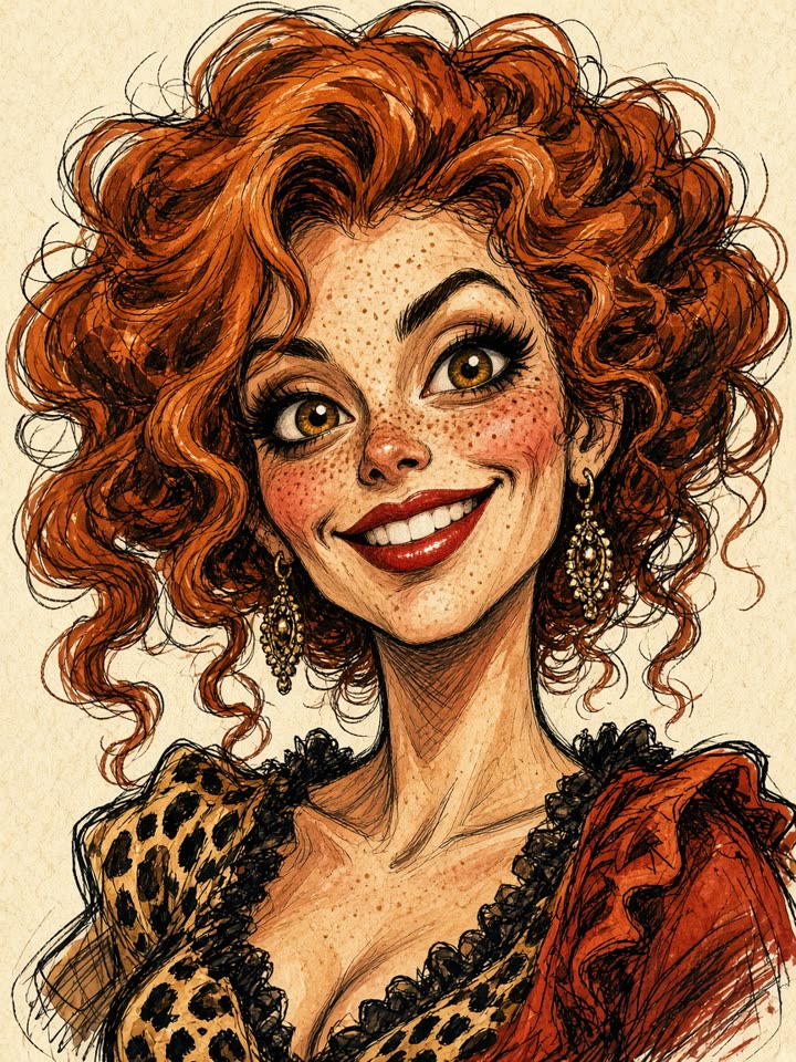 Marketing illustration: fairground ink-and-marker caricature of a redhead woman. Not a user catch.
