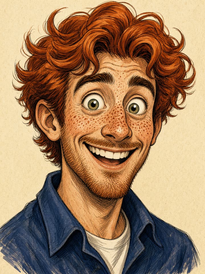 Marketing illustration: fairground ink-and-marker caricature of a redhead man. Not a user catch.