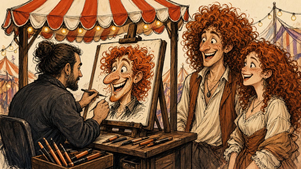 Marketing illustration of a fairground caricature booth drawing redheads in ink and marker. Not a player catch.