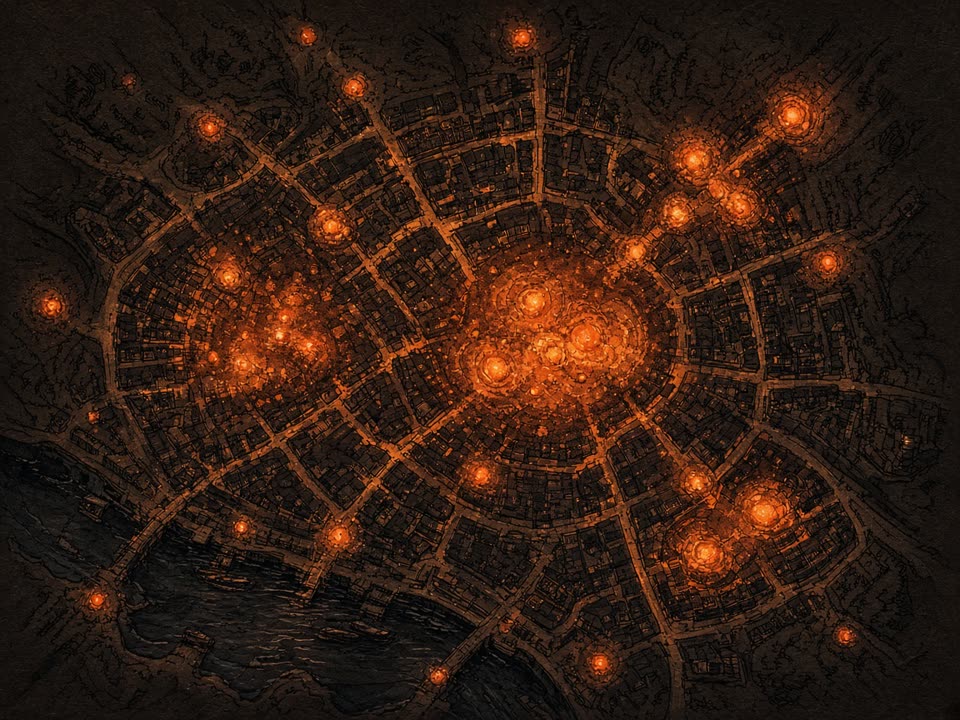 Marketing illustration of a dark city heat map with copper ember pins. Not live player data.